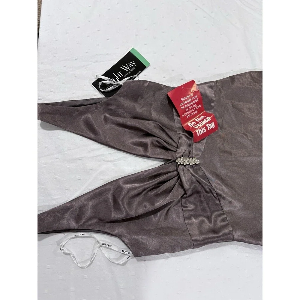 Night Way Womens Satin Maxi Gown Dress NWT Charcoal Grey V-Neck Size 12